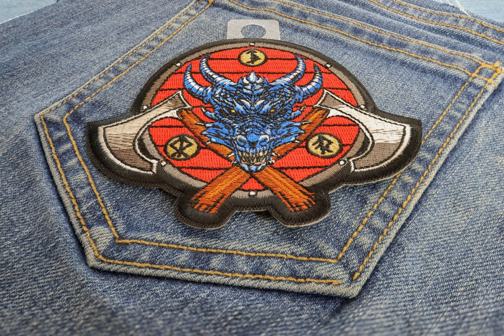 Viking Dragon and Axes Patch – Full-Color Embroidered Artwork ( 4 x 3 )